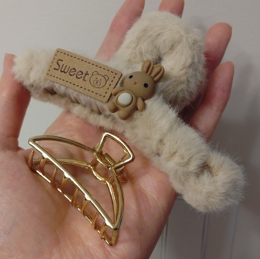 Hair Clip Set - Large Fluffy Bunny & Small Metal Gold Clip
